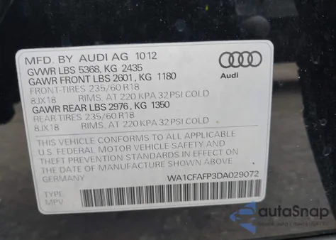 2013 Audi Q5 2.0T Premium z USA, uszkodzony, nr VIN WA1CFAFP3DA029072